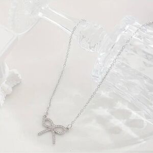NEW Coquette bow necklace sparkling rhinestone bow, boho chic necklace silver